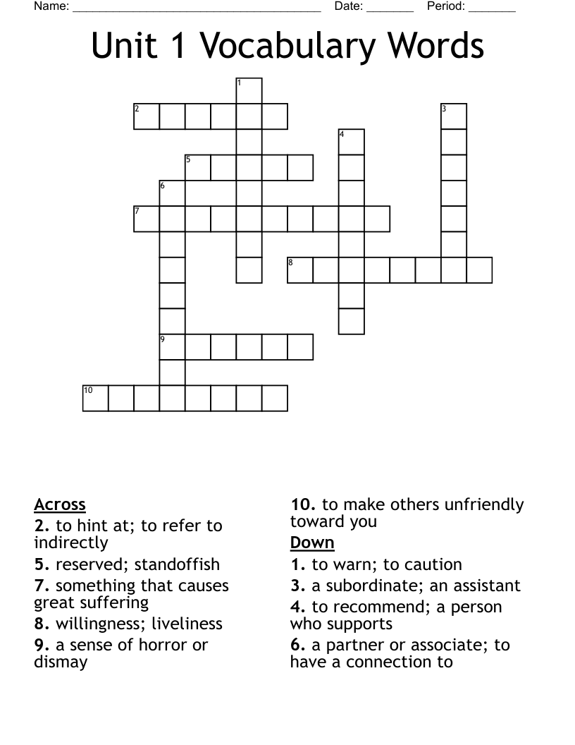 Unit 1 Vocabulary Words Crossword WordMint