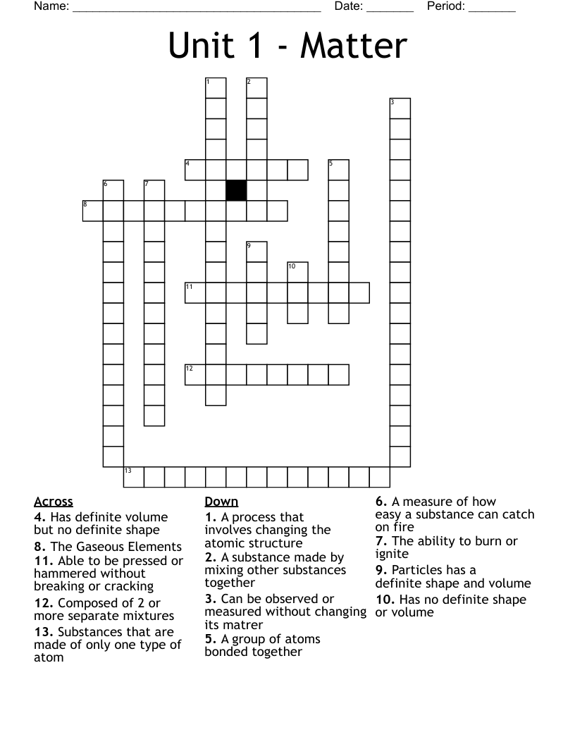Unit 1 - Matter Crossword - WordMint