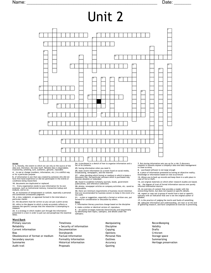 Unit 2 Crossword WordMint
