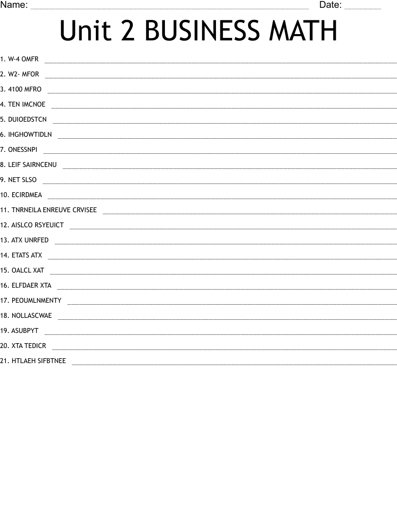 Unit 2 BUSINESS MATH Word Scramble WordMint