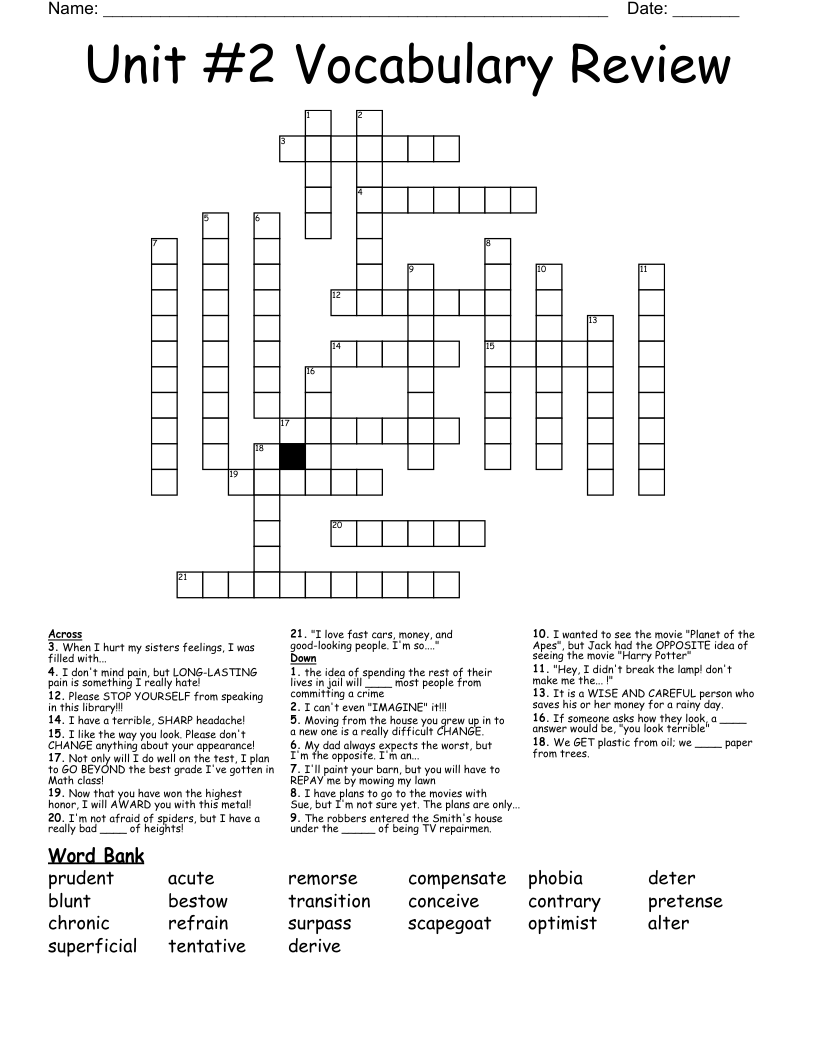 Unit 2 Vocabulary Review Crossword WordMint