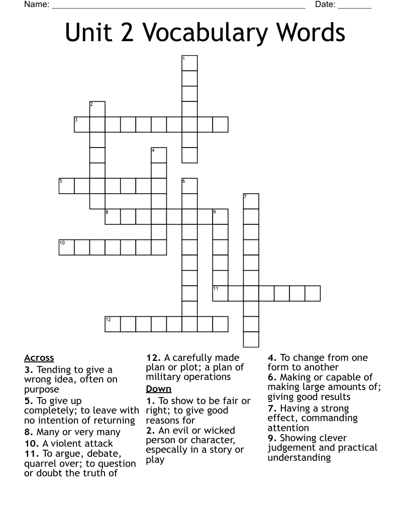 Unit 2 Vocabulary Words Crossword WordMint