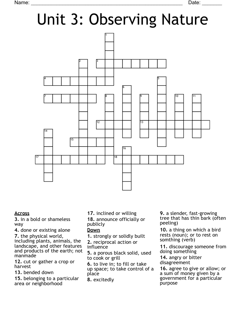 Unit 3 Observing Nature Crossword WordMint