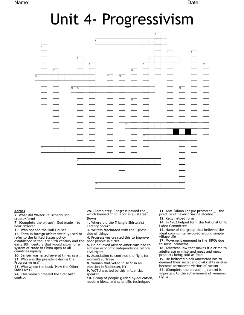 Unit 4 Progressivism Crossword WordMint