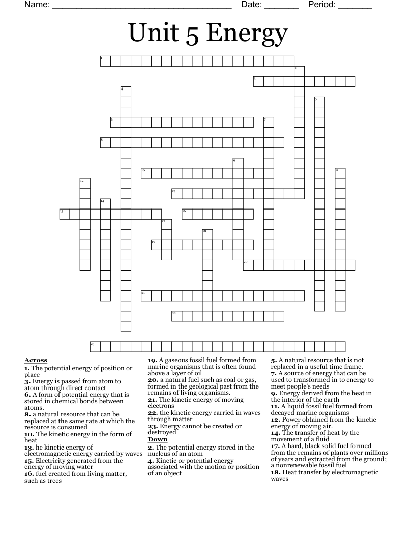 Unit 5 Energy Crossword WordMint