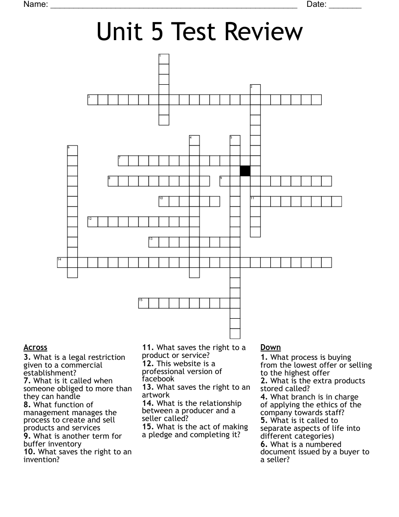Unit 5 Test Review Crossword WordMint