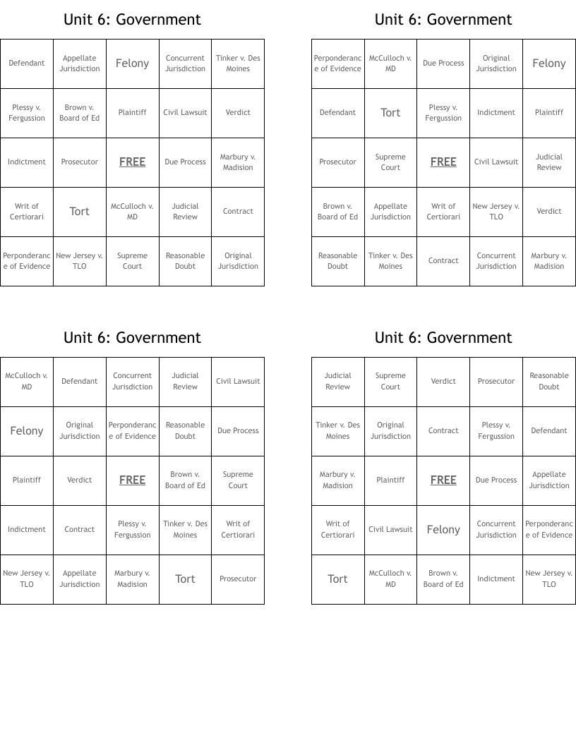 Unit 6 Government Bingo Cards WordMint