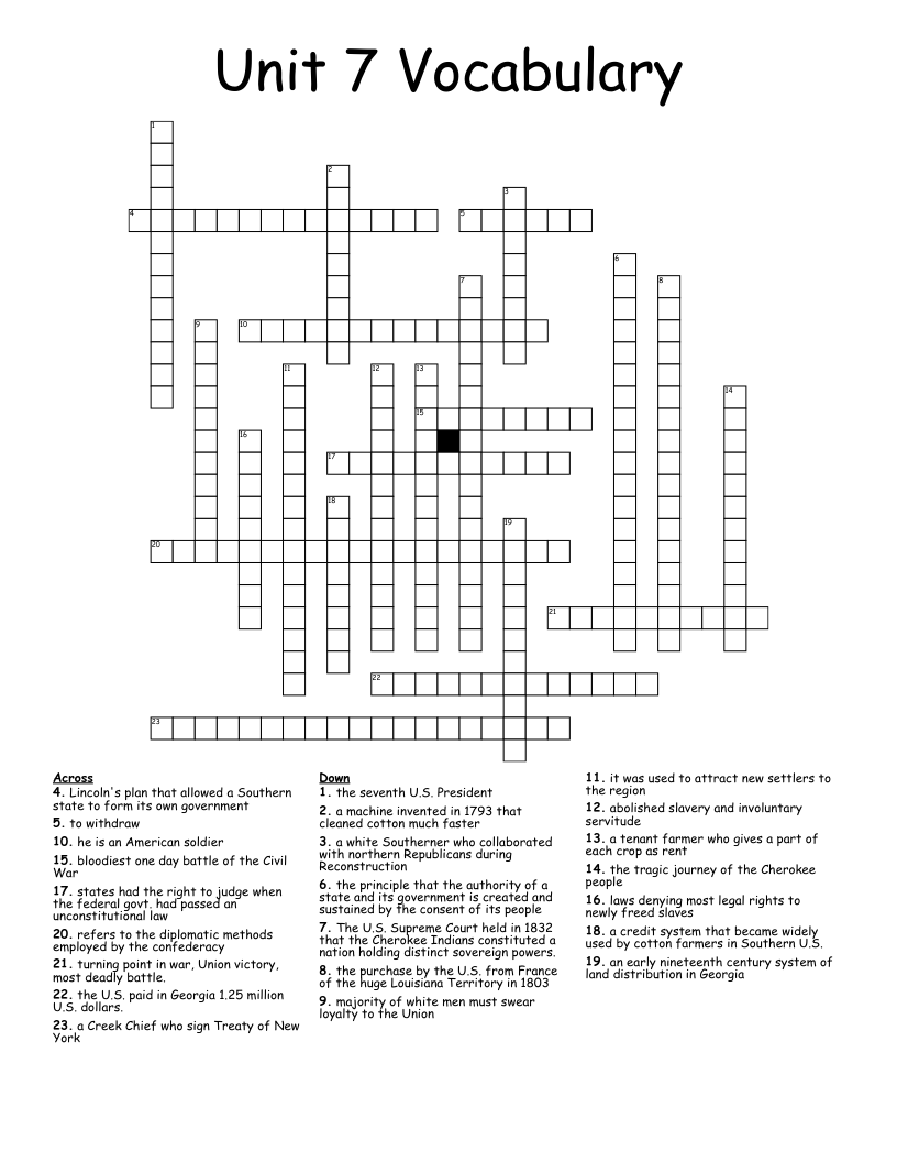 Unit 7 Vocabulary Crossword WordMint