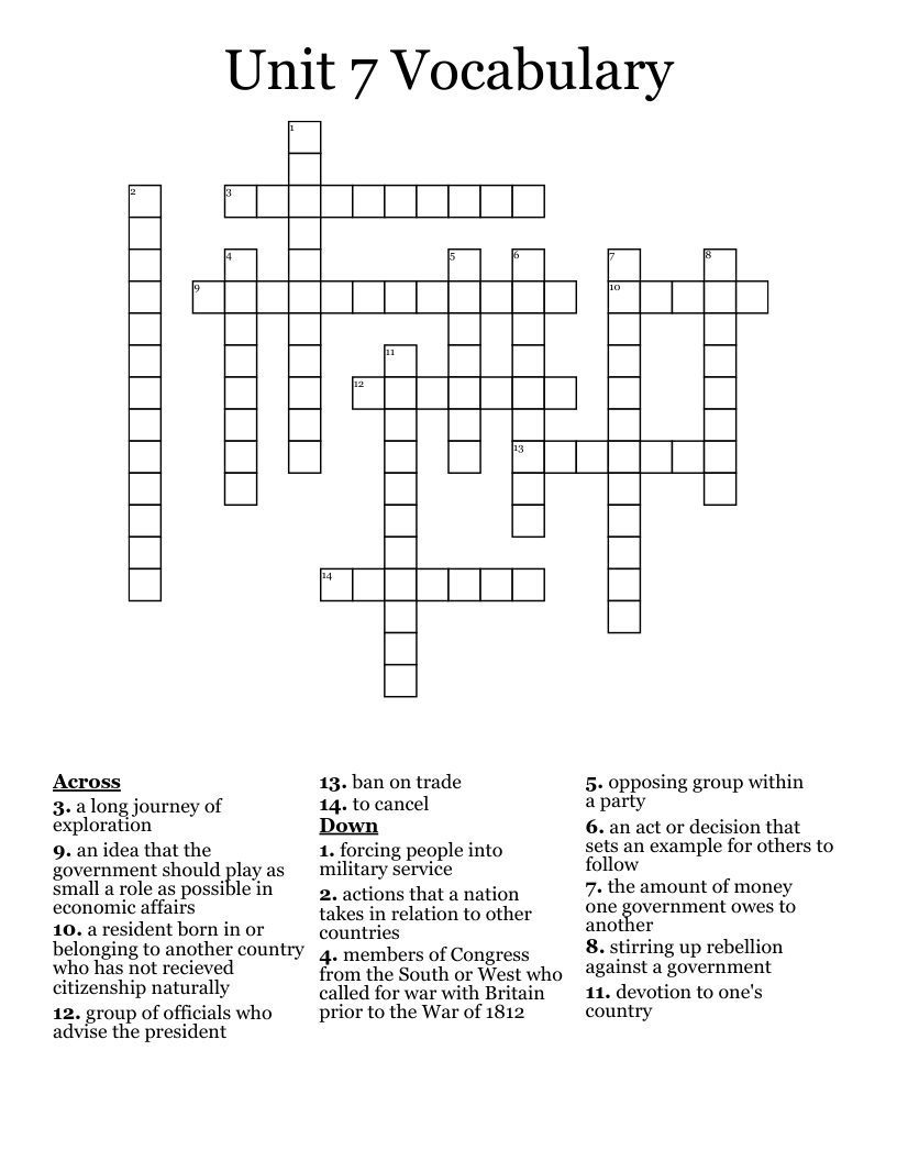 Unit 7 Vocabulary Crossword WordMint
