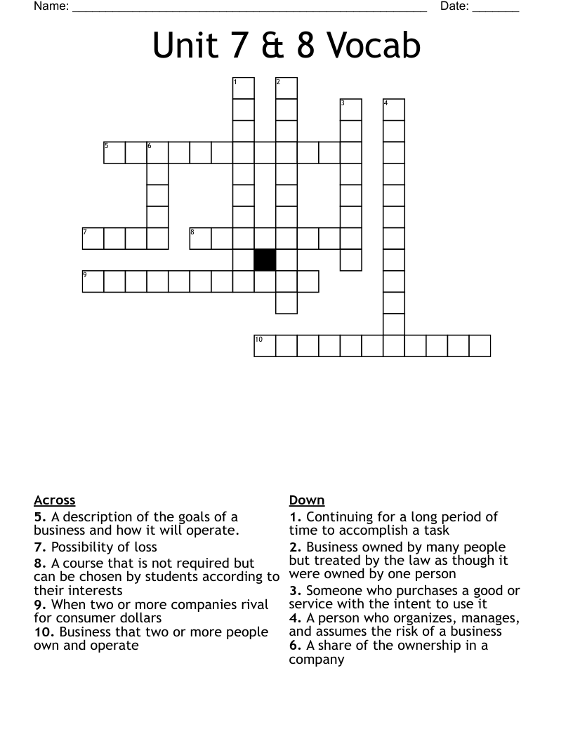 Unit 7 & 8 Vocab Crossword WordMint
