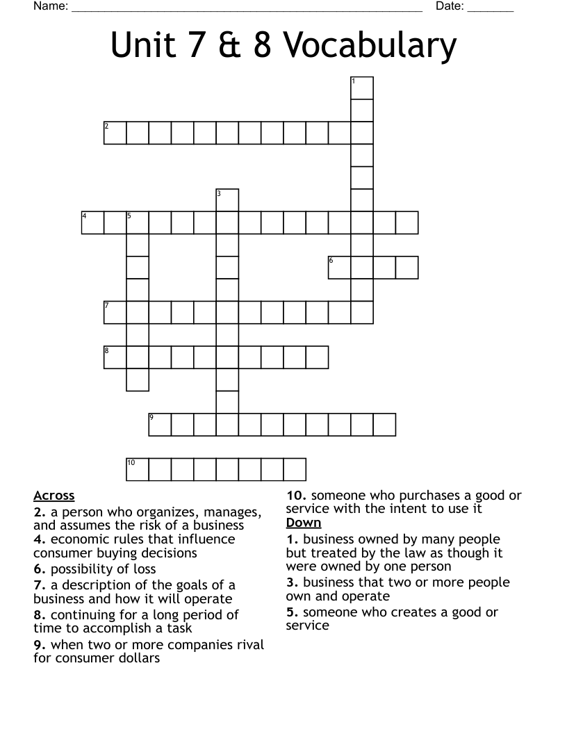 Unit 7 & 8 Vocabulary Crossword WordMint