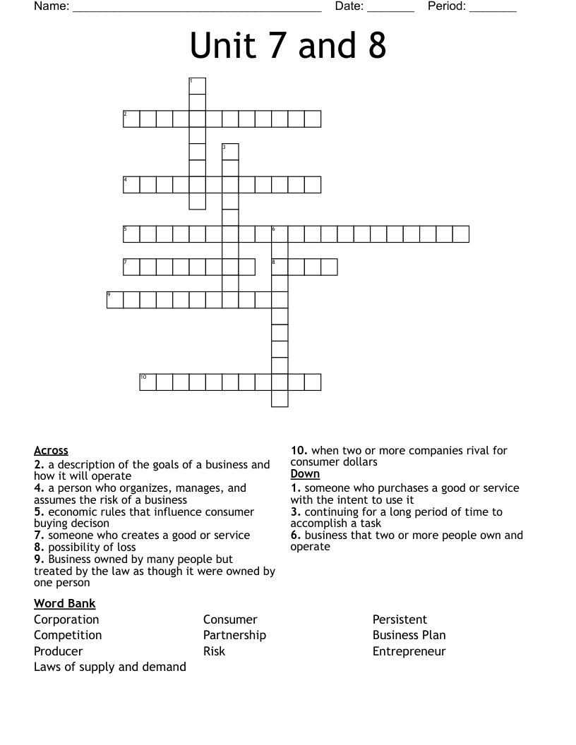 Unit 7 and 8 Crossword WordMint