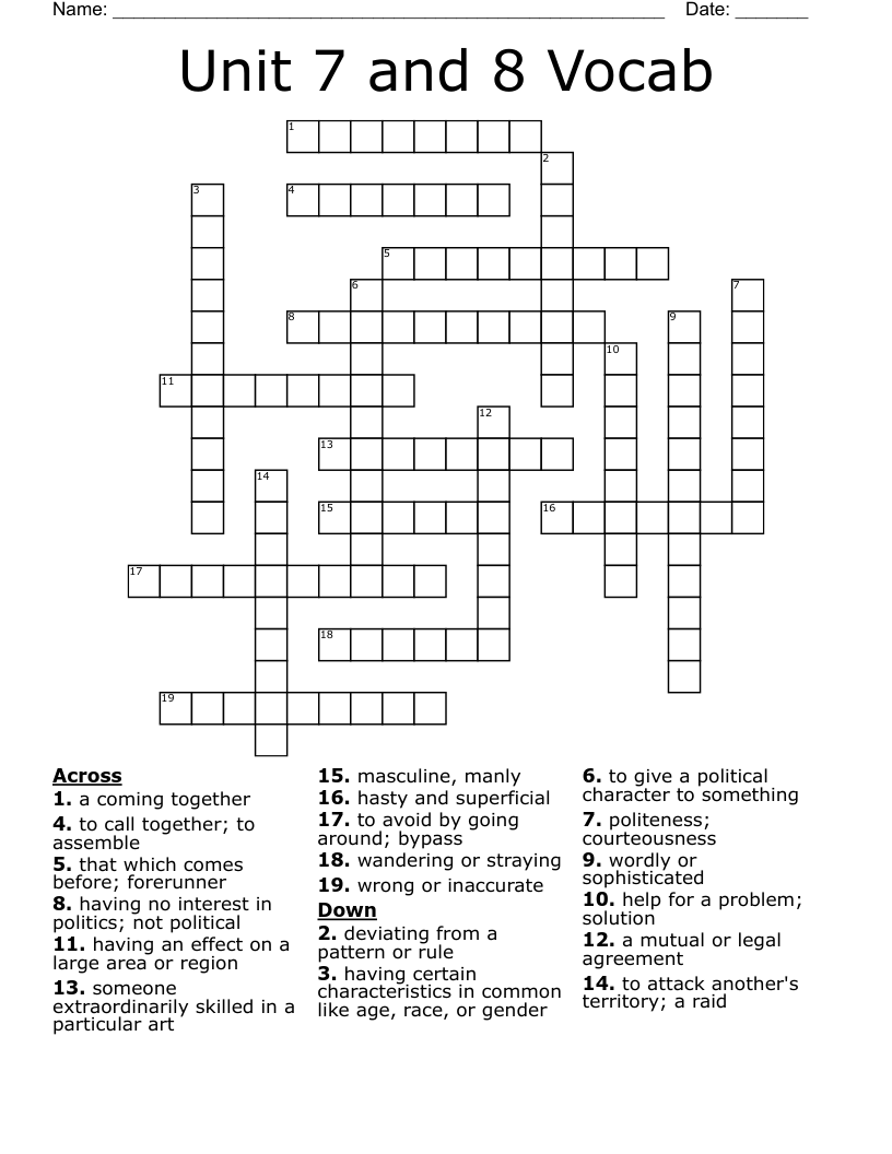 Unit 7 and 8 Vocab Crossword WordMint