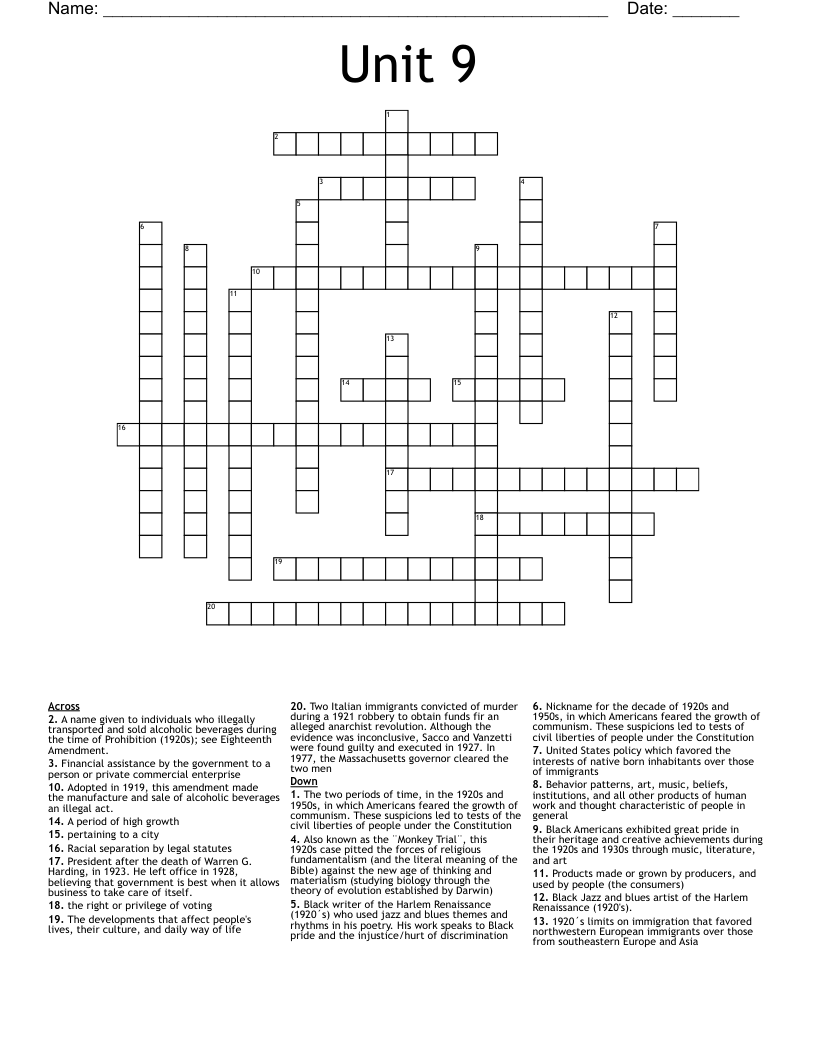 Unit 9 Crossword WordMint
