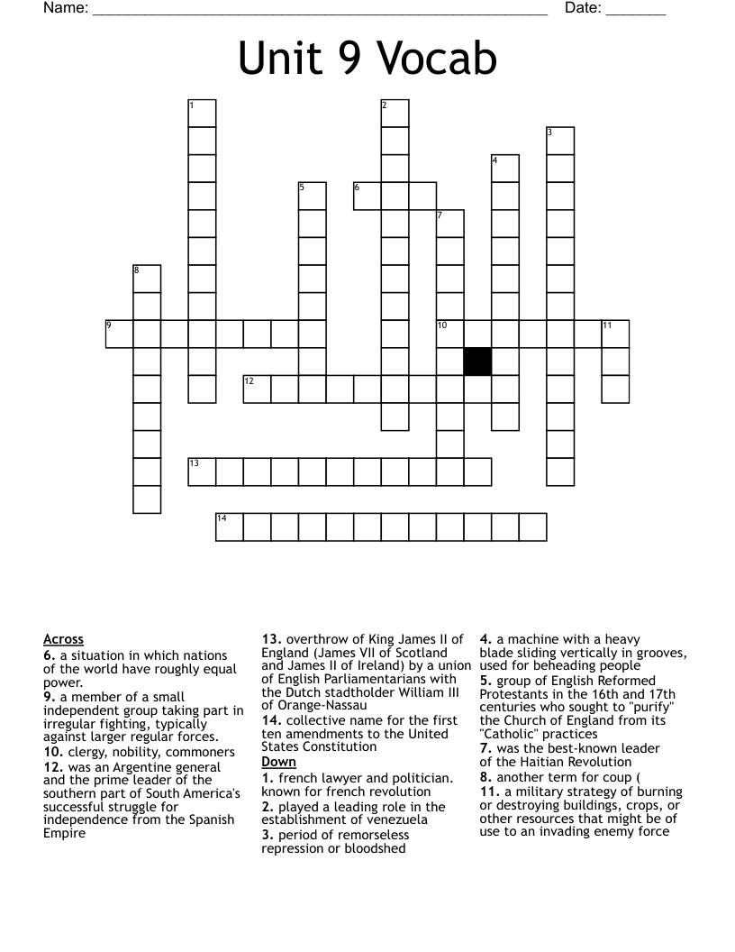 Unit 9 Vocab Crossword WordMint