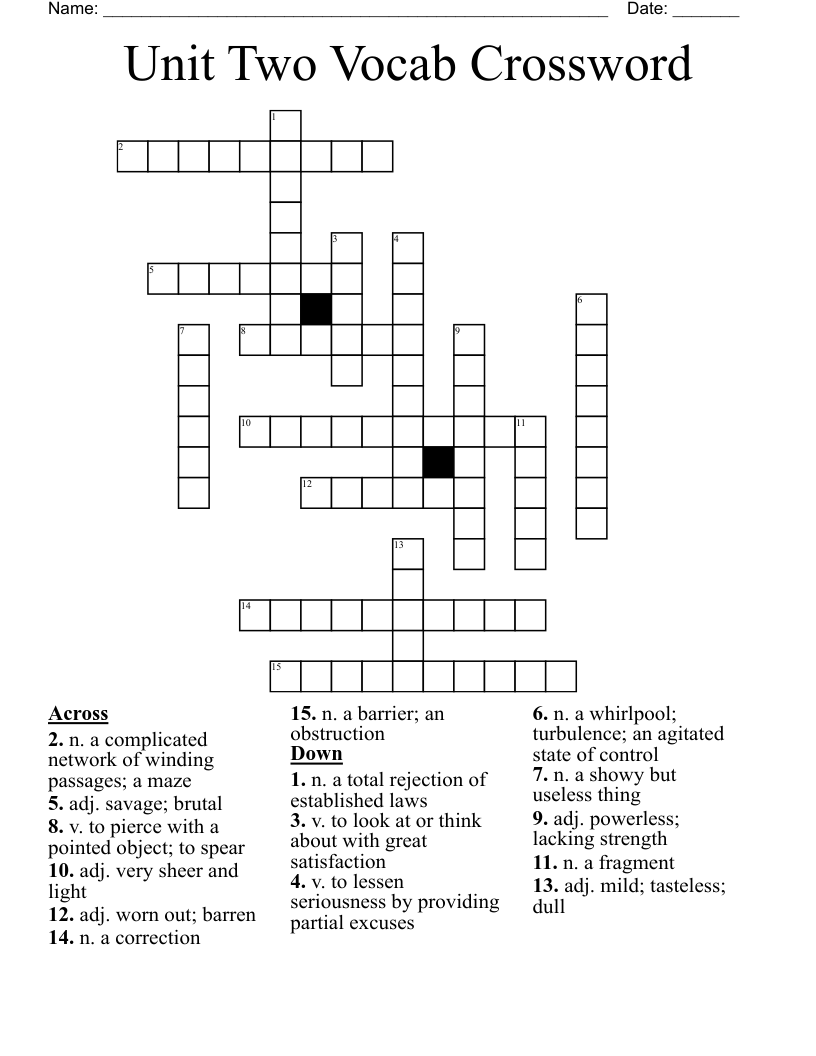 Unit Two Vocab Crossword WordMint