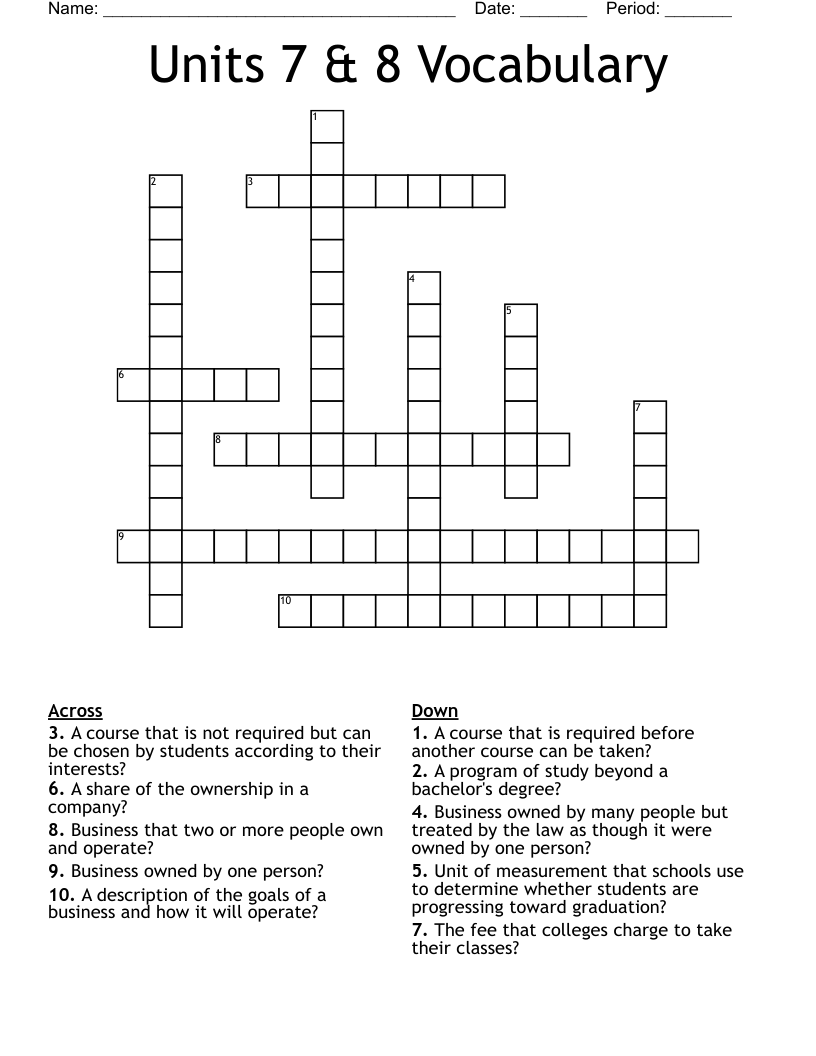 Units 7 & 8 Vocabulary Crossword WordMint