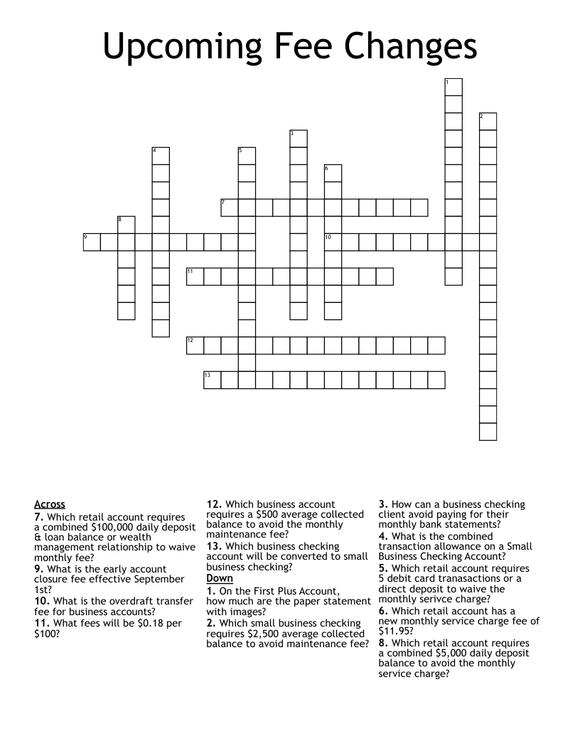 Fee Changes Crossword WordMint