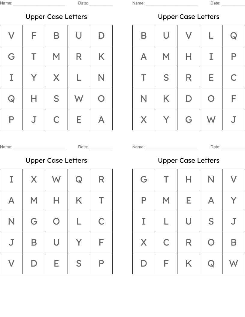 Upper Case Letters Bingo Cards WordMint