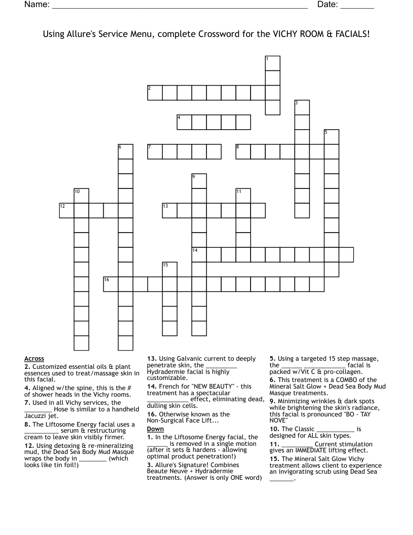 Using Allure's Service Menu, complete Crossword for the VICHY ROOM