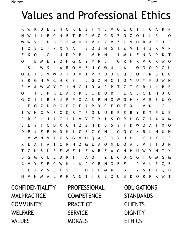Values and Professional Ethics Word Search WordMint