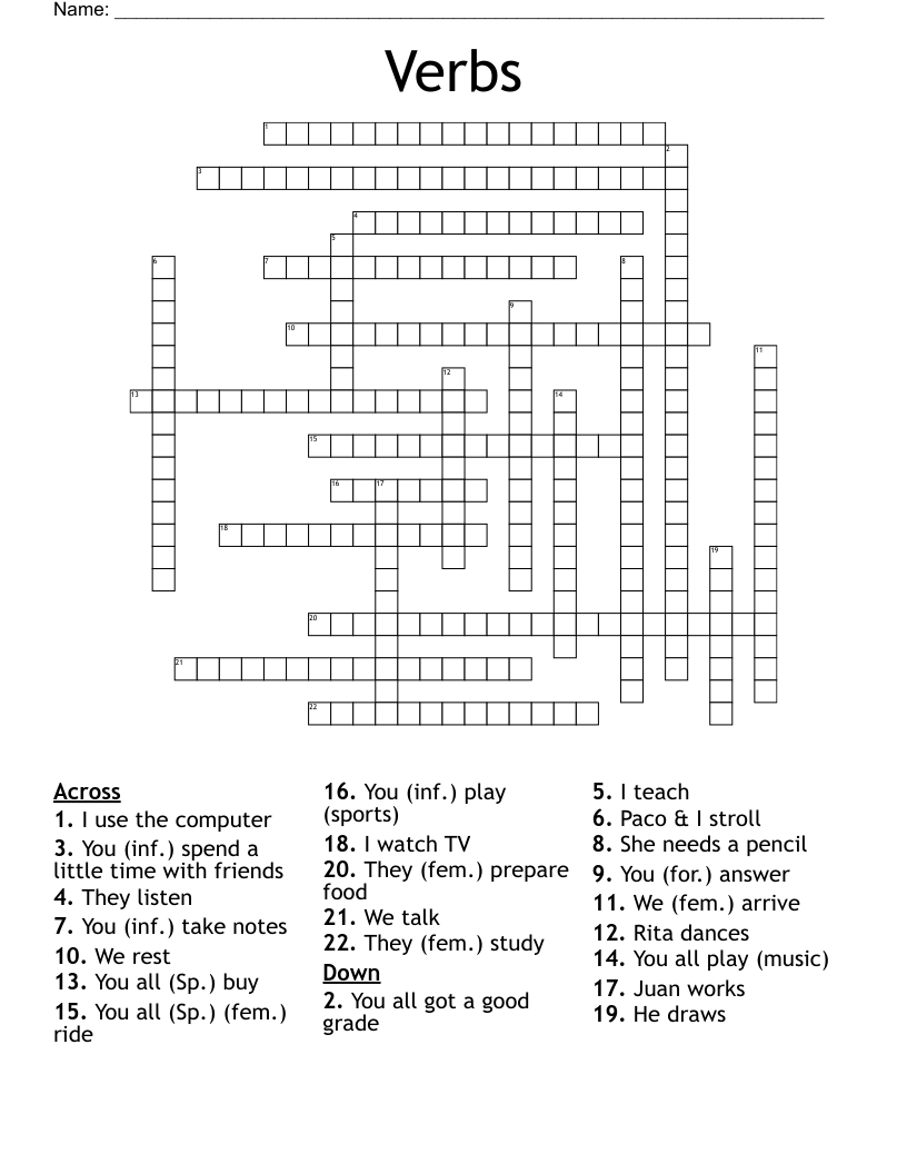 Present Tense Regular Verbs Crossword WordMint