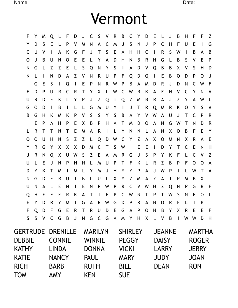 Vermont Word Search WordMint