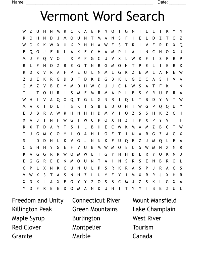 Vermont Word Search WordMint