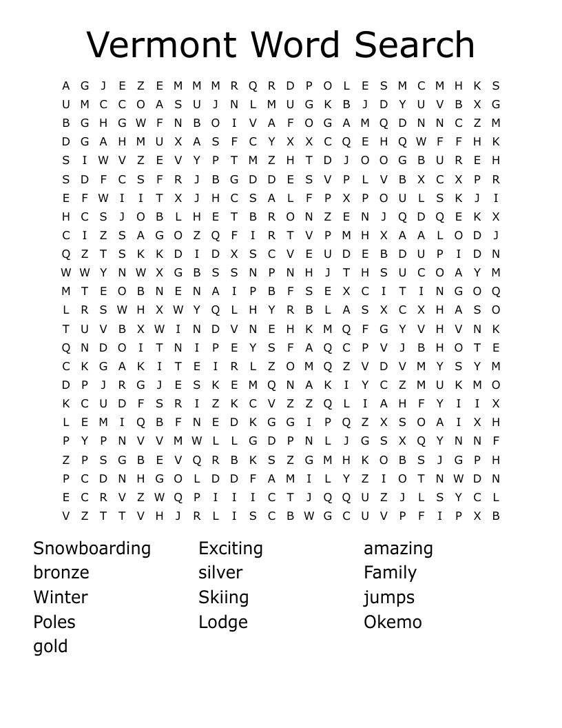 Vermont Word Search WordMint