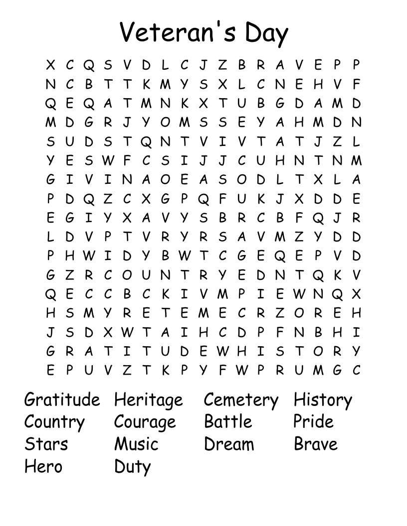 Veteran's Day Word Search - WordMint