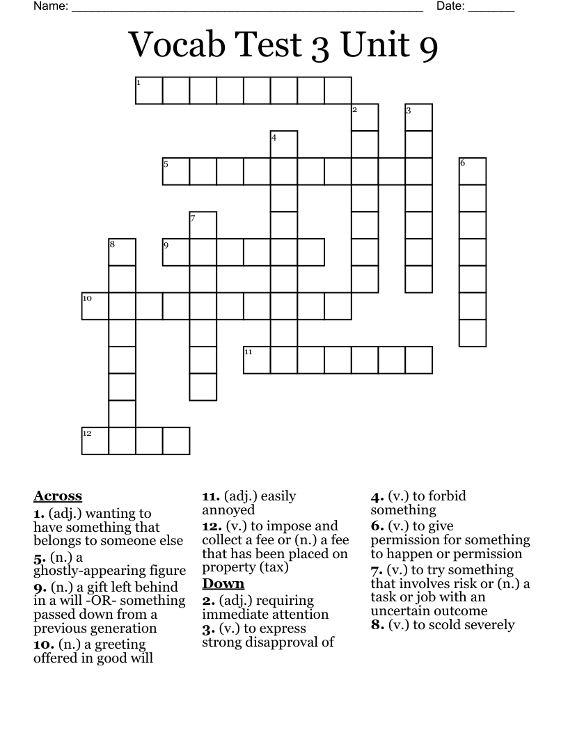 Vocab Test 3 Unit 9 Crossword WordMint
