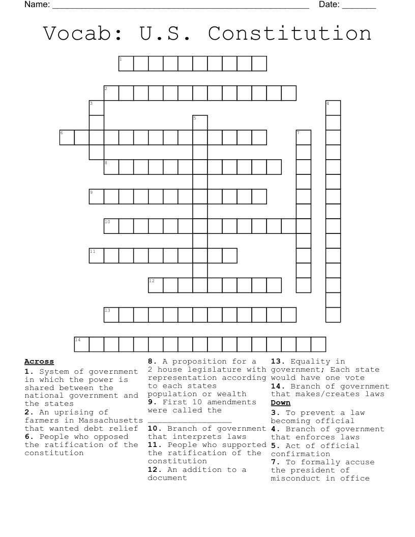 Vocab U.S. Constitution Crossword WordMint