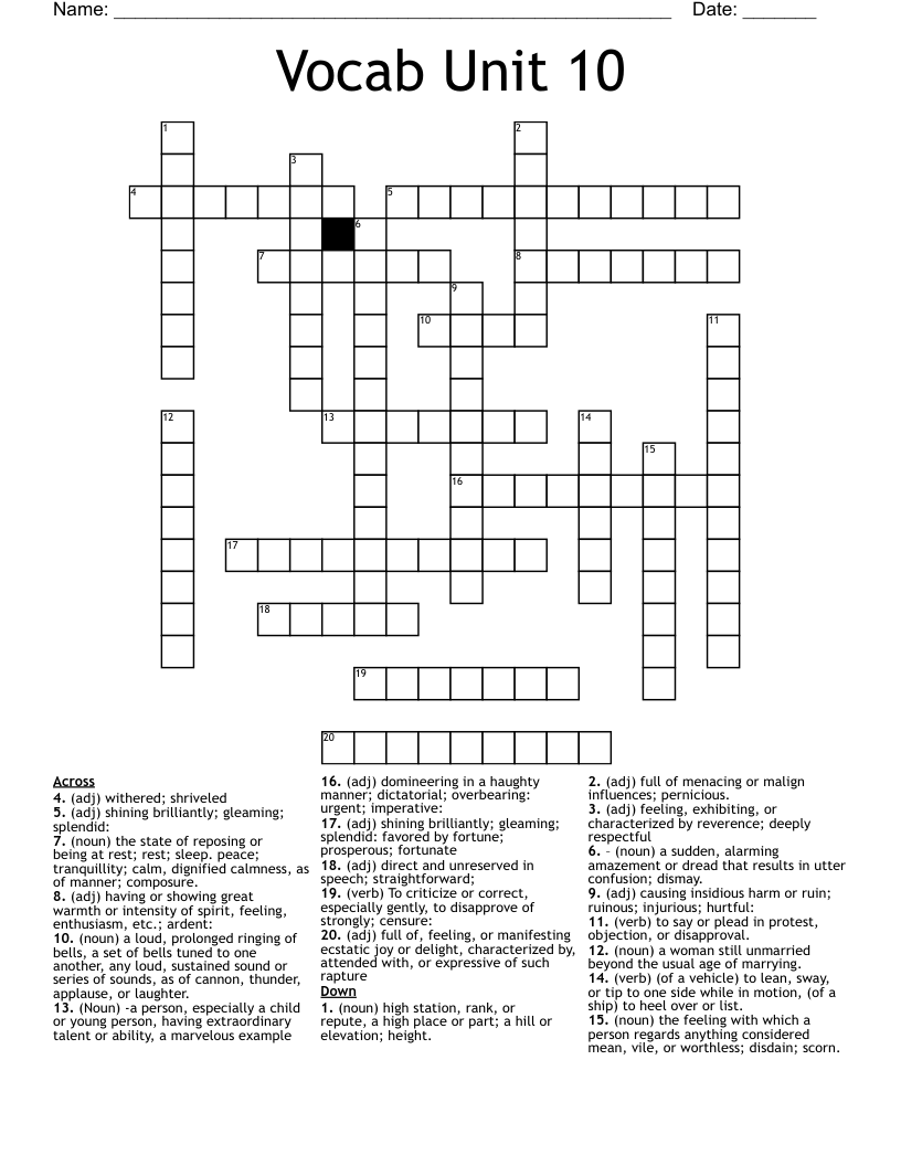 Vocab Unit 10 Crossword WordMint