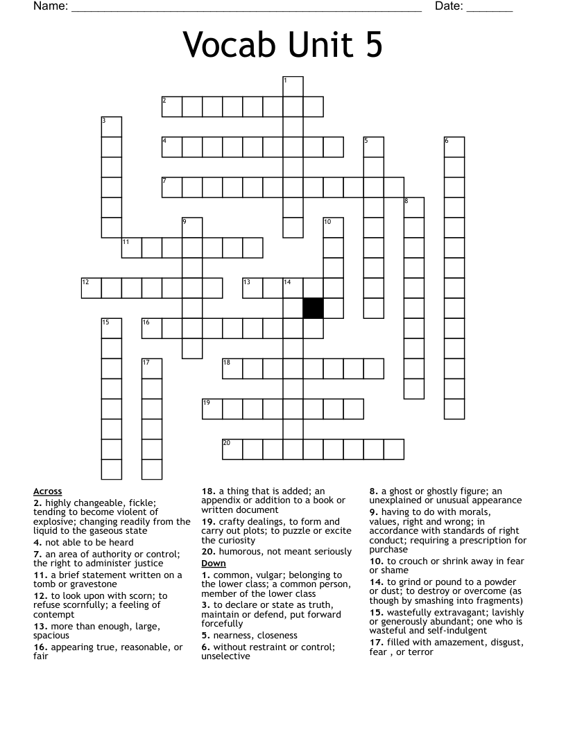 Vocab Unit 5 Crossword WordMint