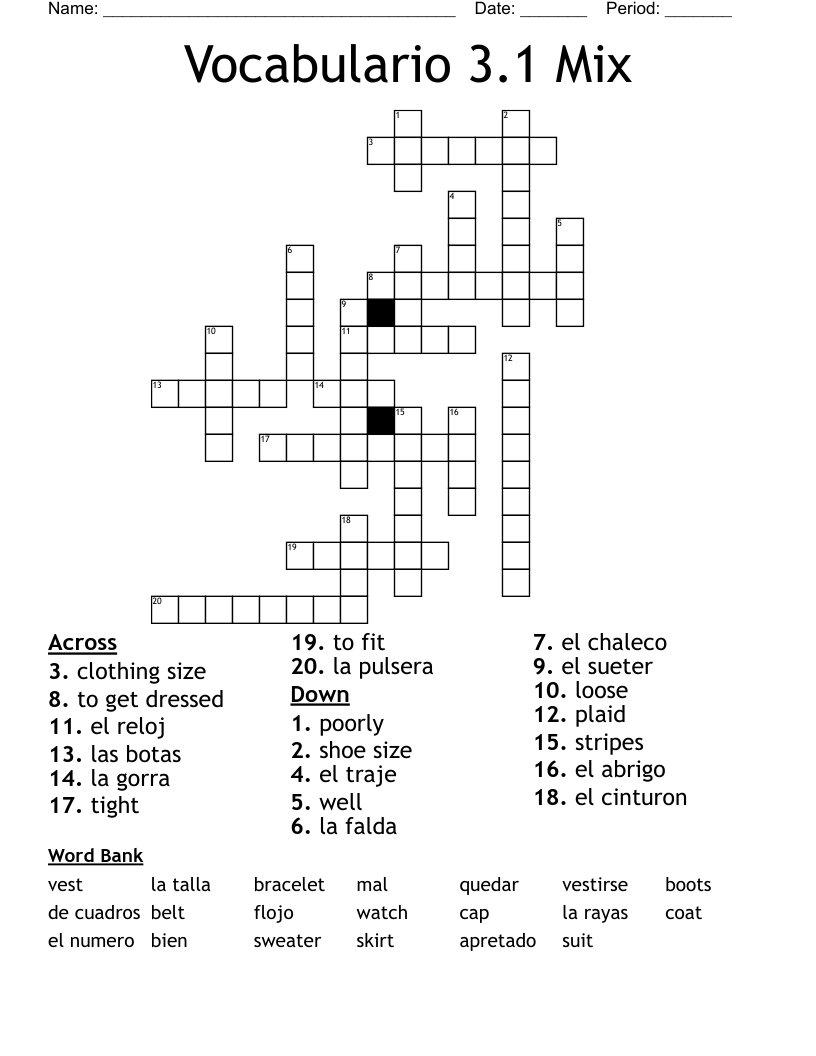 Vocabulario 3.1 Mix Crossword WordMint
