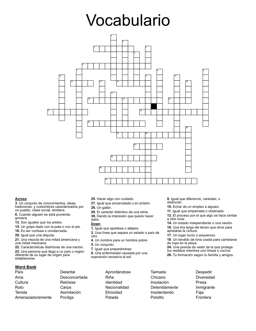 El Día de Acción de Gracias Crossword WordMint