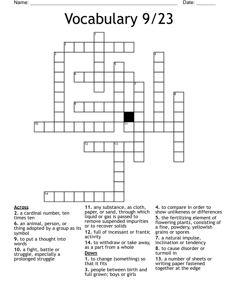 Vocabulary 9/23 Crossword WordMint