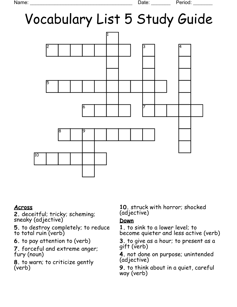 Vocabulary List 5 Study Guide Crossword WordMint
