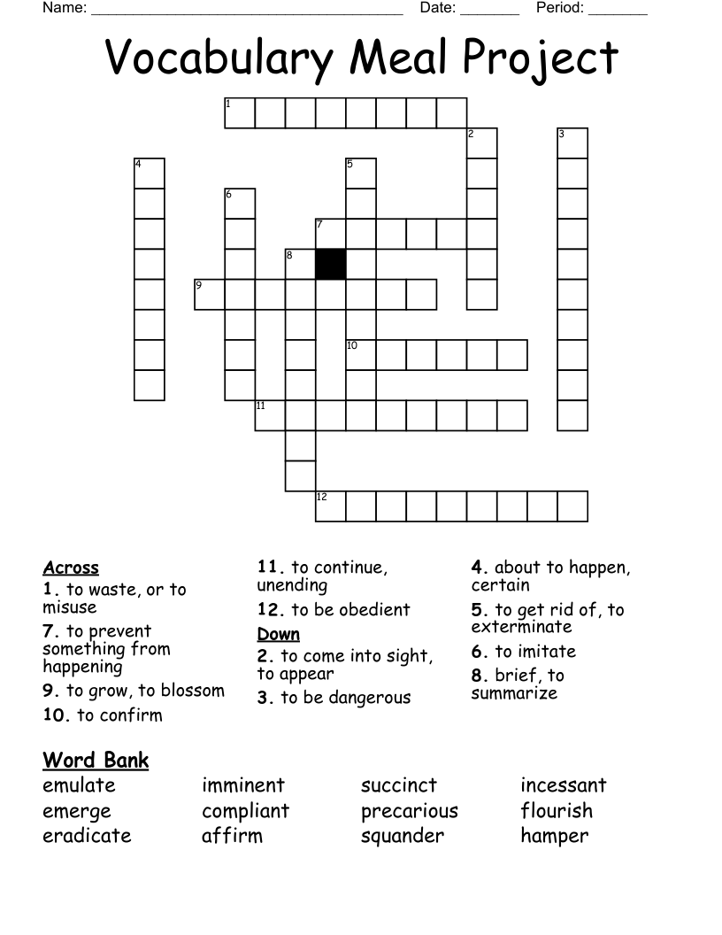 Vocabulary Meal Project Crossword WordMint