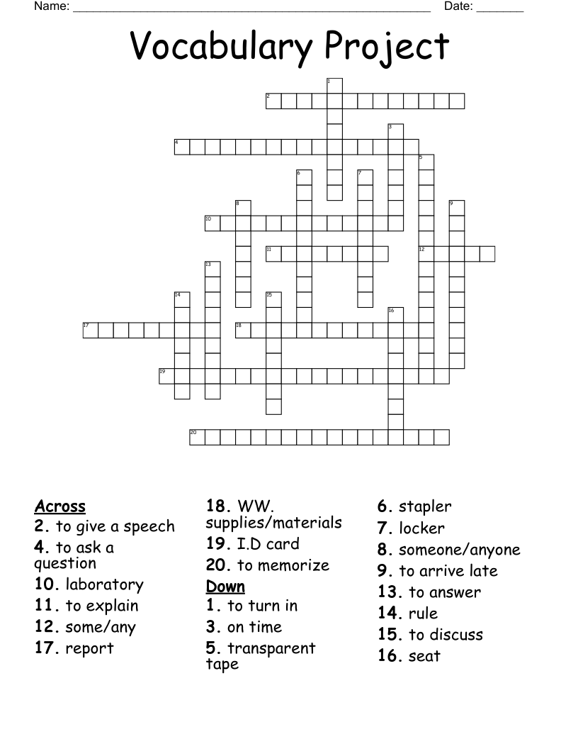 Vocabulary Project Crossword WordMint