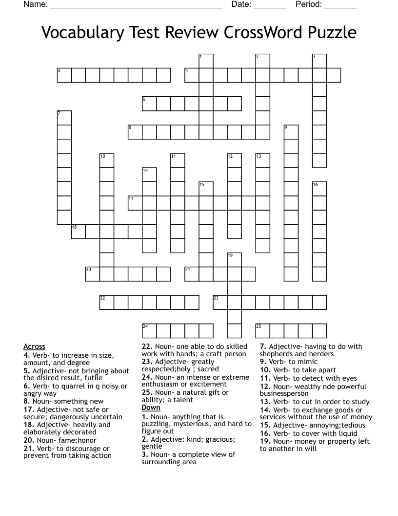 Vocabulary Test Review CrossWord Puzzle WordMint