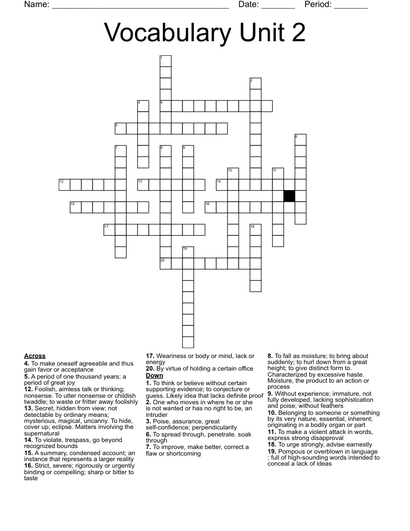 Vocabulary Unit 2 Crossword WordMint
