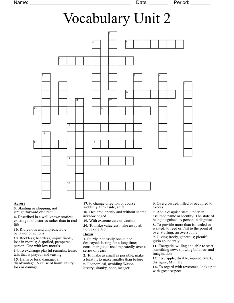 Vocab Unit 2 Choice Board Crossword WordMint