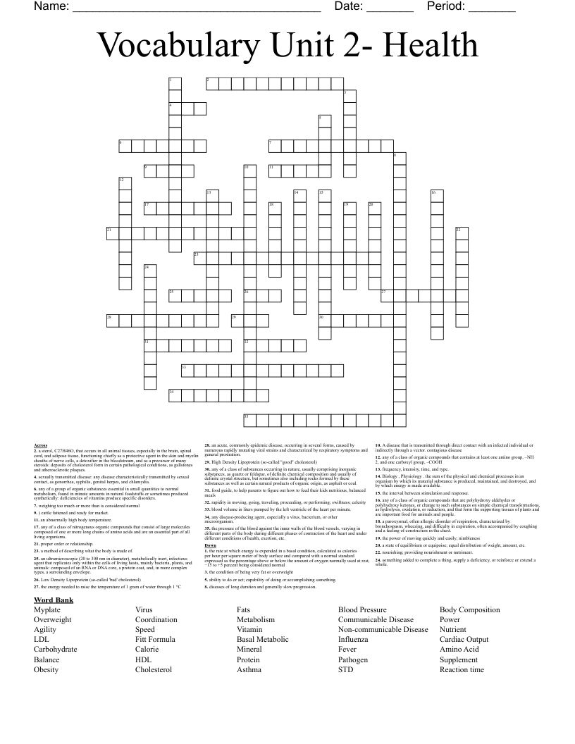 Vocabulary Unit 2 Health Crossword WordMint