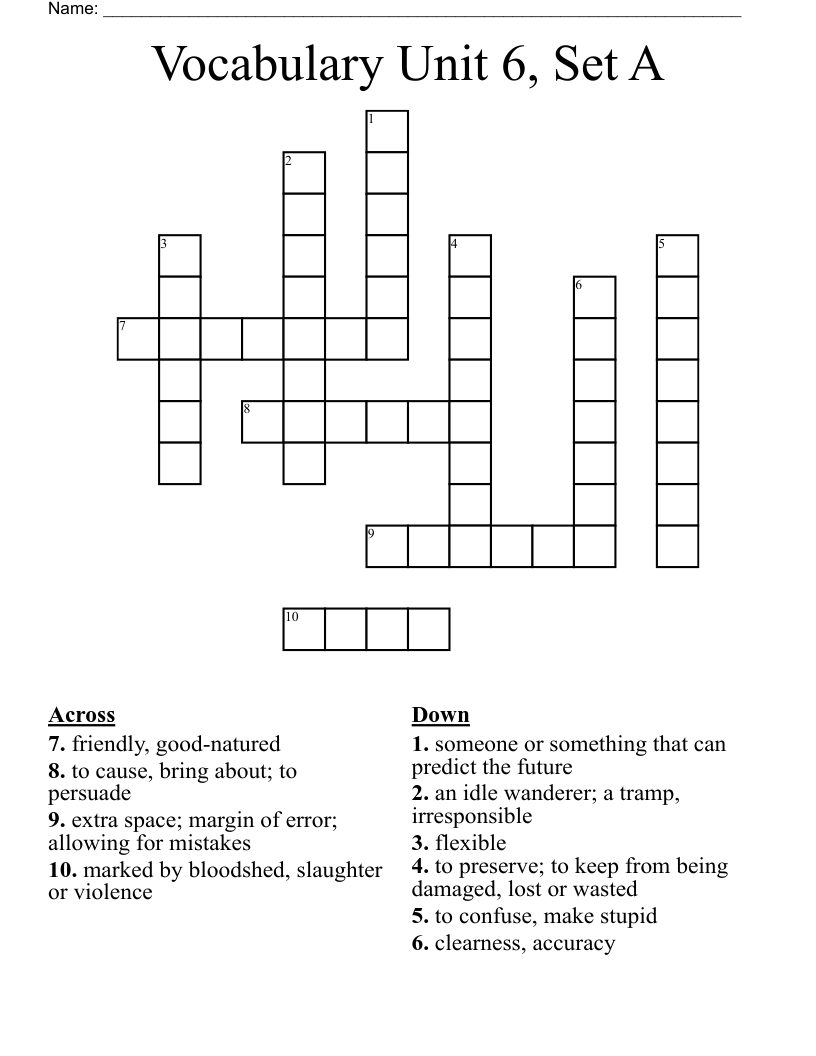 Vocabulary Unit 6, Set A Crossword WordMint