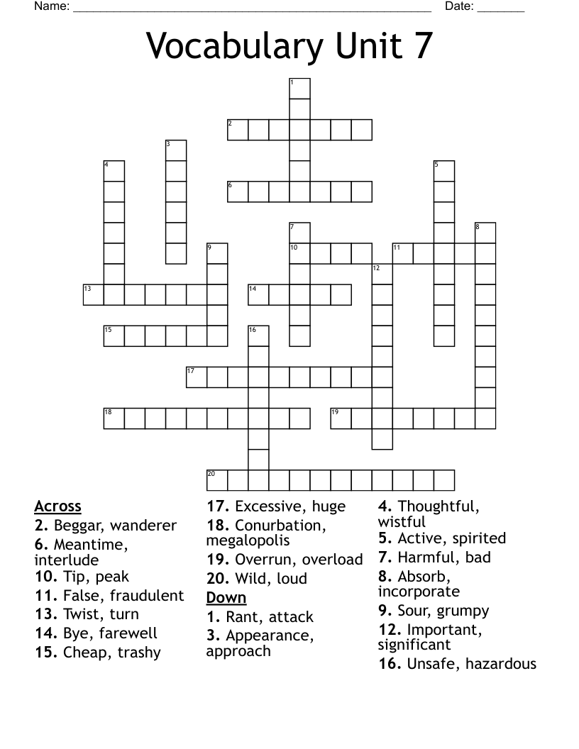 Vocabulary Unit 7 Crossword WordMint