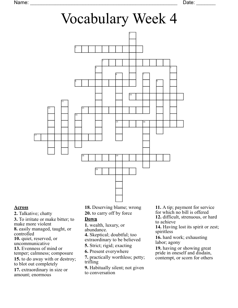 Vocabulary Week 4 Crossword WordMint