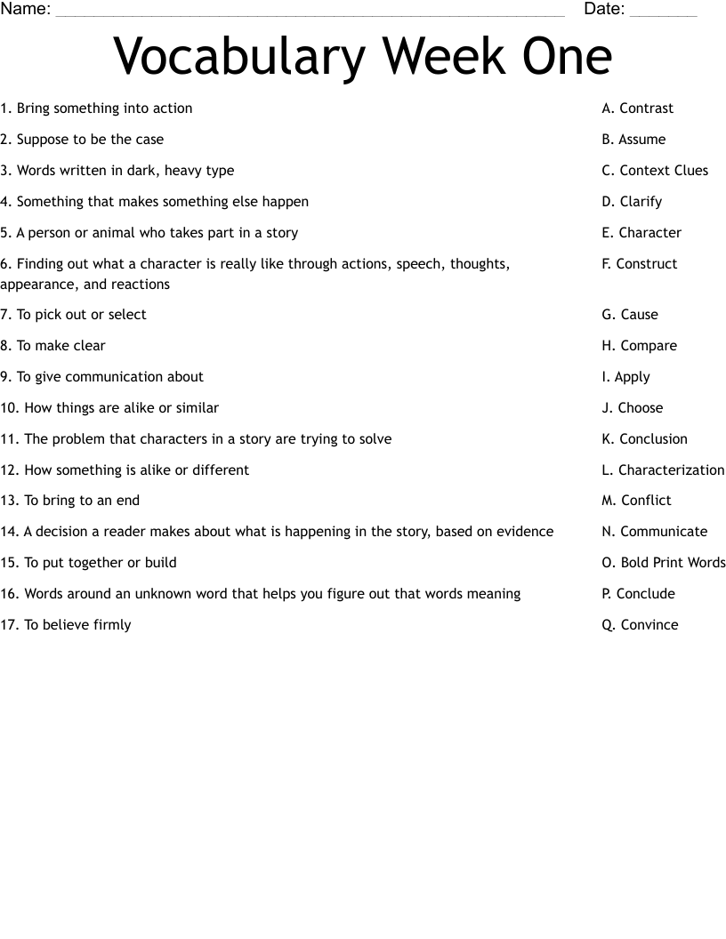 Vocabulary Week One Worksheet WordMint