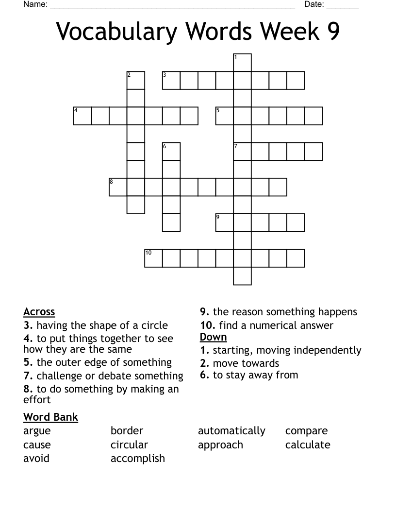 Vocabulary Words Week 9 Crossword WordMint
