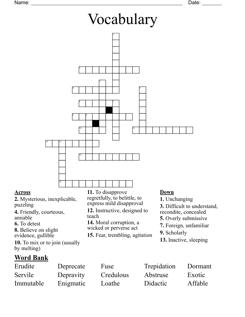 Unit 3 Vocab Crossword WordMint
